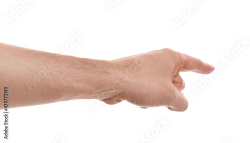 Man pointing with index finger on white background, closeup © New Africa