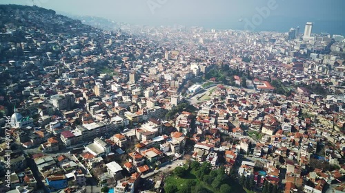 Drone view on poverty slum district and muslim mosque. Amazing high angle drone footage.
