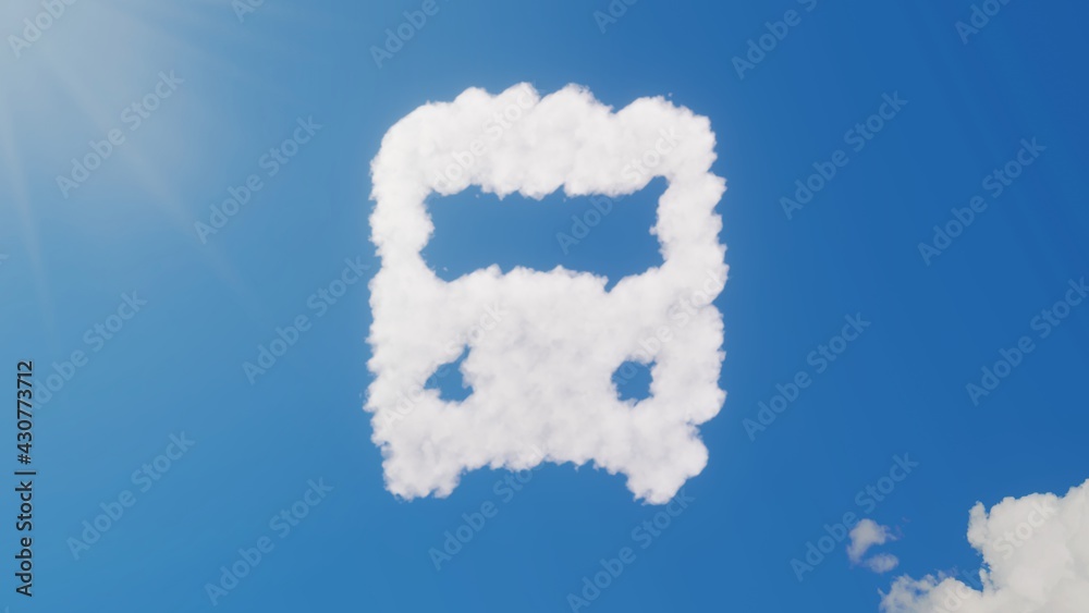 Naklejka premium 3d rendering of white clouds in shape of symbol of front bus on blue sky with sun