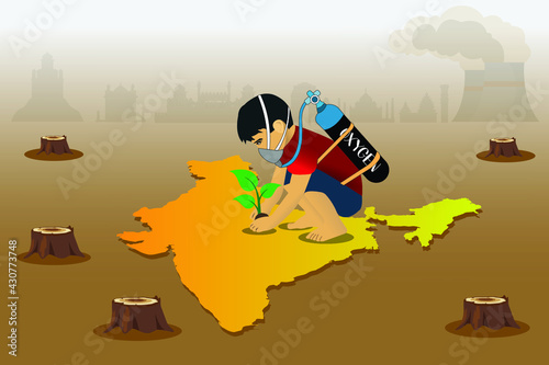 A kid with oxygen cylinder planting on Indian Map , Pollution deforestation 