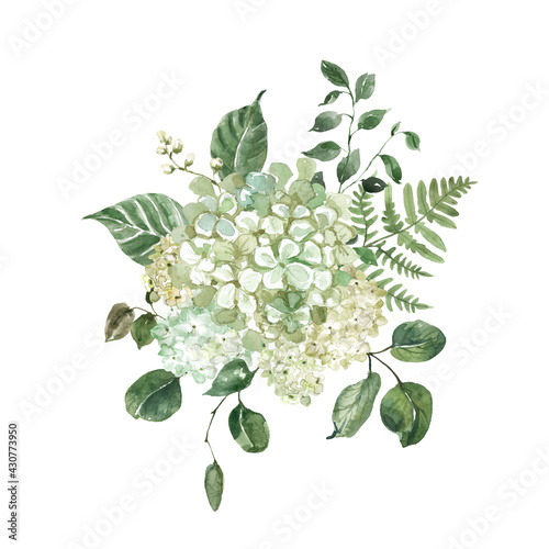Watercolor white hydrangea flowers and spring greenery bouquet. Hand painted ...