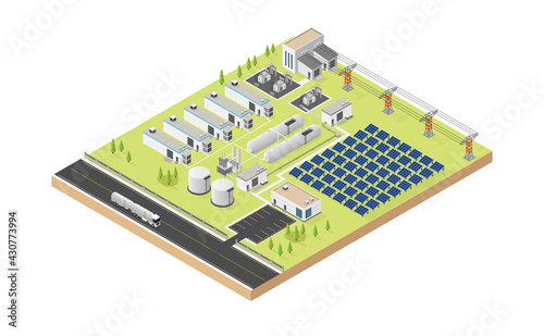 hydrogen microgrid with solar cell in isometric graphic