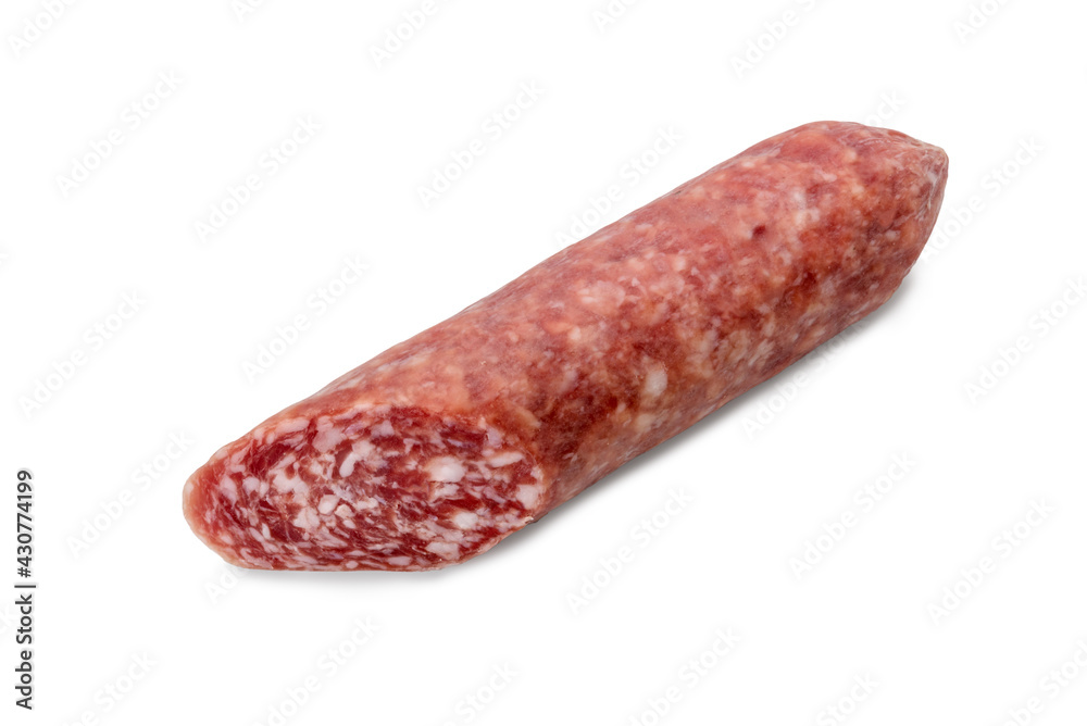 Italian country salami, whole sausage cut isolated on white, copy space Italian country salami, whole sausage cut isolated on white, copy space