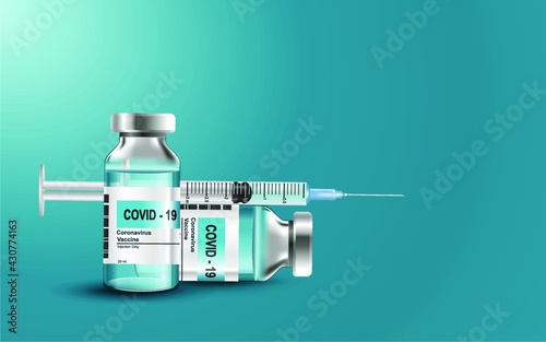 - COVID-19 vaccine vial, syringe and background background Coronavirus patient care concept realistic 3D illustration with copy space, vector EPS10.