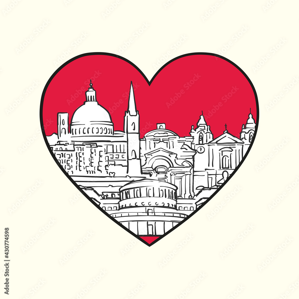 Obraz premium I love Valletta. Red heart and famous buildings