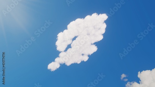 3d rendering of white clouds in shape of symbol of feather on blue sky with sun