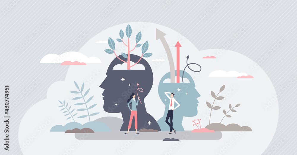 Self esteem and growth confidence with pride and belief tiny person concept. Personal development with proud attitude and improved psychological power vector illustration. Mental positive inspiration.