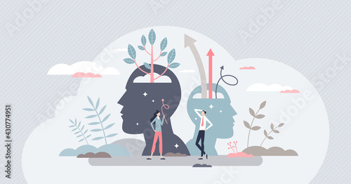 Self esteem and growth confidence with pride and belief tiny person concept. Personal development with proud attitude and improved psychological power vector illustration. Mental positive inspiration. photo
