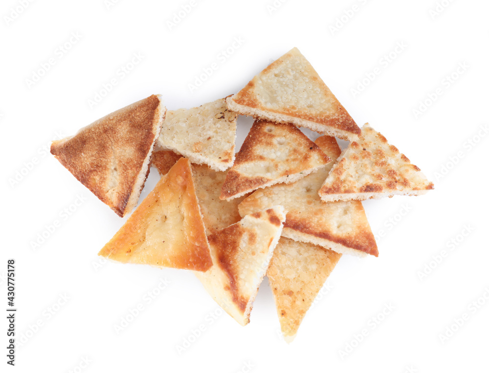 Delicious pita chips on white background, top view Delicious pita chips on white background, top view