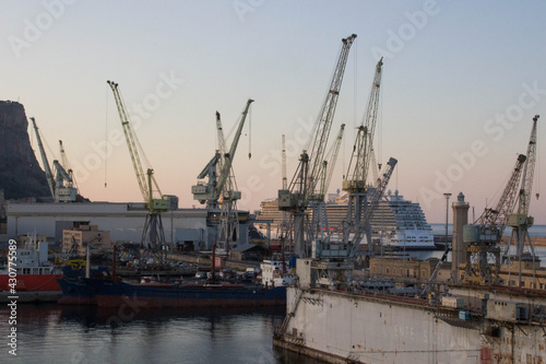 Palermo shipyard in Italy, ships in storage and cranes in the shipyard 