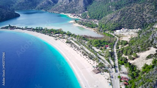 Amazing beautiful panoramic view from drone of natural park of Oludeniz and Fethiye blue lagoon and tranquil aquamarine dead sea.
