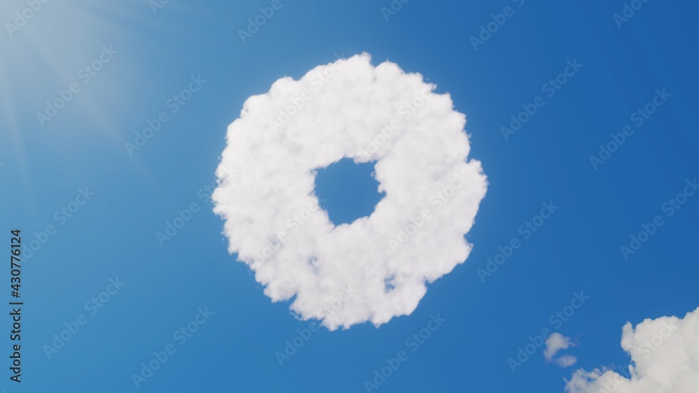 3d rendering of white clouds in shape of symbol of dot circle on blue sky with sun