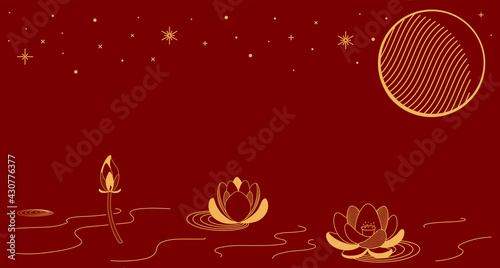 Traditional Asian background, lotus flowers, moon, gold on red, copy space. Oriental, eastern style vector illustration. Design concept for Chinese New Year, Mid Autumn Festival card, poster, banner.