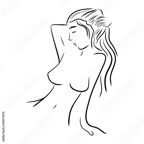 Silhouette of a young naked girl in a line hand drawn style. Vector illustration