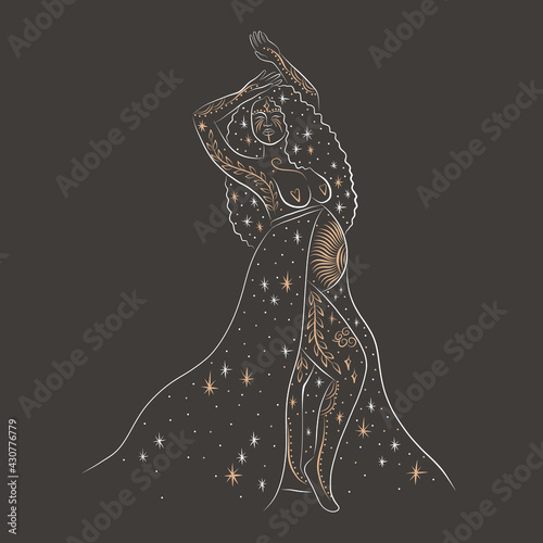 woman contour astrology, goddess of female power. zodiac signs, tarot cards, fortune-telling and predictions, forecast