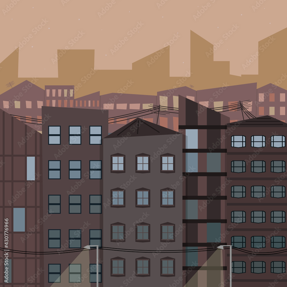The big city in the morning sun. Dawn in the city. Vector illustration with houses, lanterns and skyscrapers on the horizon