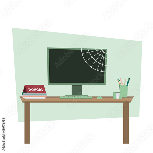 Vector illustration of an empty workplace in the office. Cobweb on the computer. Office employee on vacation. Isolated on white background.