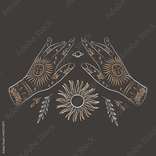 abstract illustration of a silhouette of the animal of the wild world. sacred geometry and celestial space bodies. bogel of the sun and moon