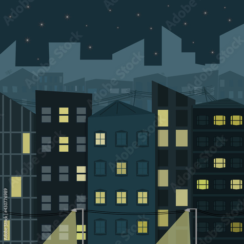 Big city late at night. Night on a quiet street in a big city. Vector illustration with houses, lanterns, glowing windows and skyscrapers on the horizon