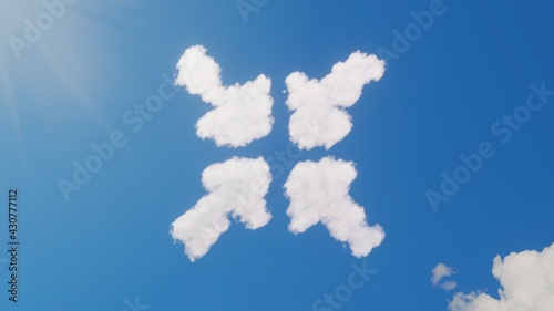 3d rendering of white clouds in shape of symbol of compress arrows on blue sky with sun