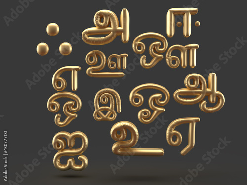 Golden Tamil language alphabets in black background 3D render photo