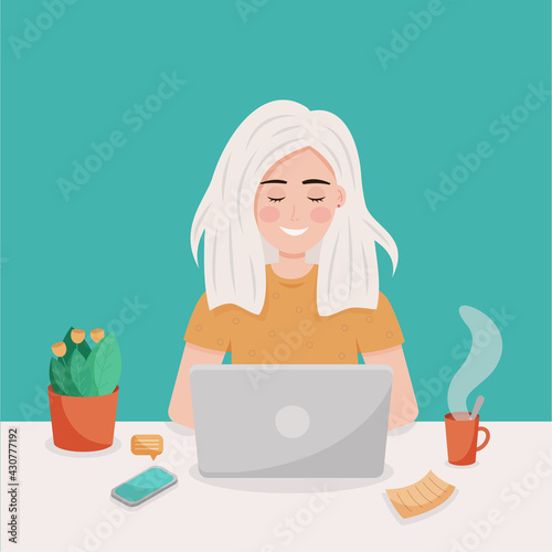 Girl sitting at a table with a laptop, drinking coffee, smartphone with message. Girl Browsing Internet, Chatting, Blogging