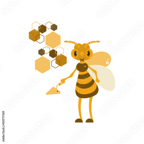 Vector illustration of a working bee with a trowel on a honeycomb background. The concept of successful extraction of honey. Flat design..