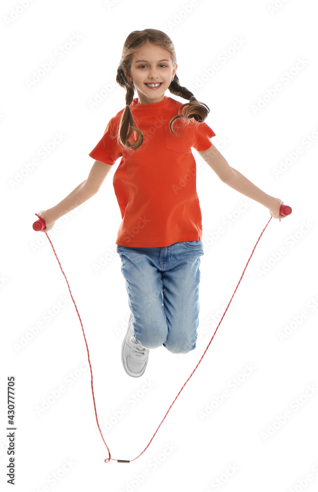 Cute little girl with jump rope on white background Cute little girl with jump rope on white background