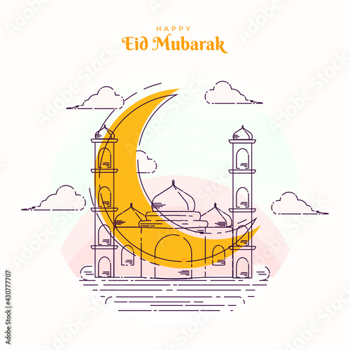 Flat eid al-fitr eid mubarak illustration with mosque line art