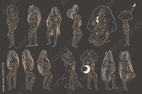 woman contour astrology, goddess of female power. zodiac signs, tarot cards, fortune-telling and predictions, forecast