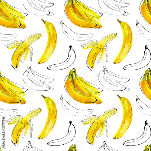 Seamless pattern with watercolor illustration bananas with ink sketch line on white