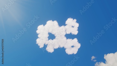 3d rendering of white clouds in shape of symbol of cogwheels on blue sky with sun