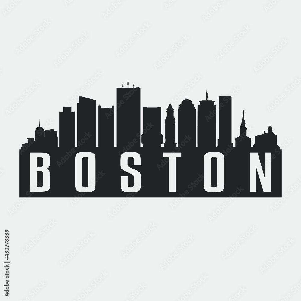 Boston, MA, USA Skyline Silhouette Vector Illustration. Travel Clip Art Horizon with Famous Buildings.