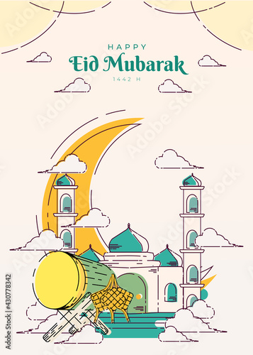 Flat eid al-fitr eid mubarak illustration with mosque line art, bedug, ketupat and crescent moon