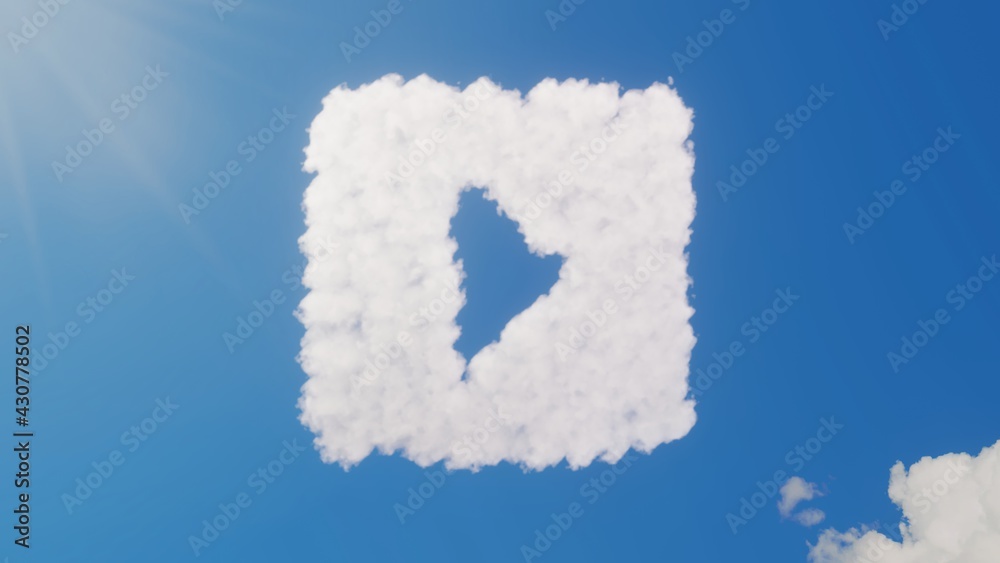 3d rendering of white clouds in shape of symbol of caret square right on blue sky with sun 3d rendering of white clouds in shape of symbol of caret square right on blue sky with sun