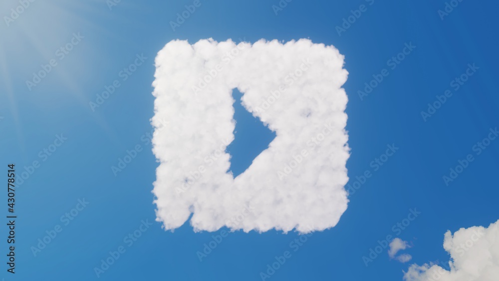 Fototapeta premium 3d rendering of white clouds in shape of symbol of caret square left on blue sky with sun