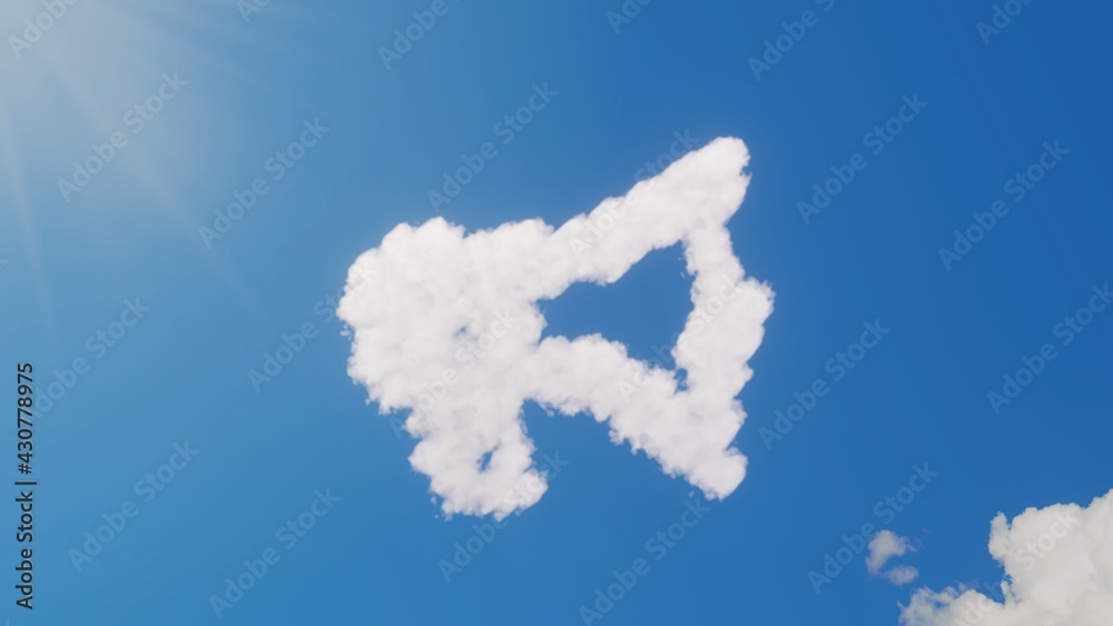 3d rendering of white clouds in shape of symbol of bullhorn on blue sky with sun 3d rendering of white clouds in shape of symbol of bullhorn on blue sky with sun