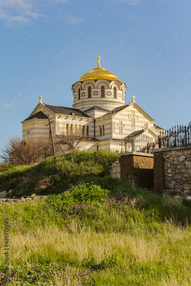 Chersonesus Cathedral, Sevastopol Crimea . The Saint Vladimir Cathedral, exterior details on a sunny day.