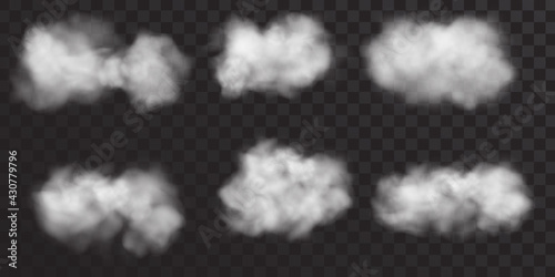 Set of vector realistic cumulus clouds isolated on translucent background.Transparent daytime clouds.