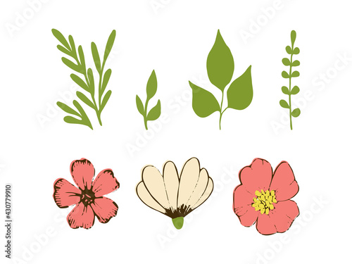 Floral set of flowers and leaves. Hand drawn style. vector illustration