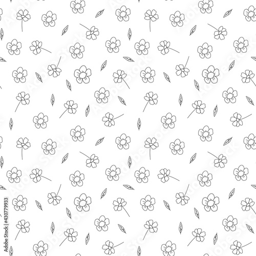 Black and white floral seamless pattern with leaves and buds. Vector illustration in outline handdrawn style