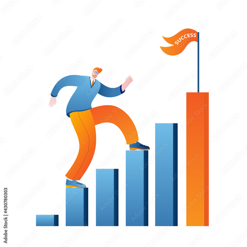 A person climbs the bar chart to success. Vector illustration in a flat style on the topic of team work success. A person climbs the bar chart to success. Vector illustration in a flat style on the topic of team work success.