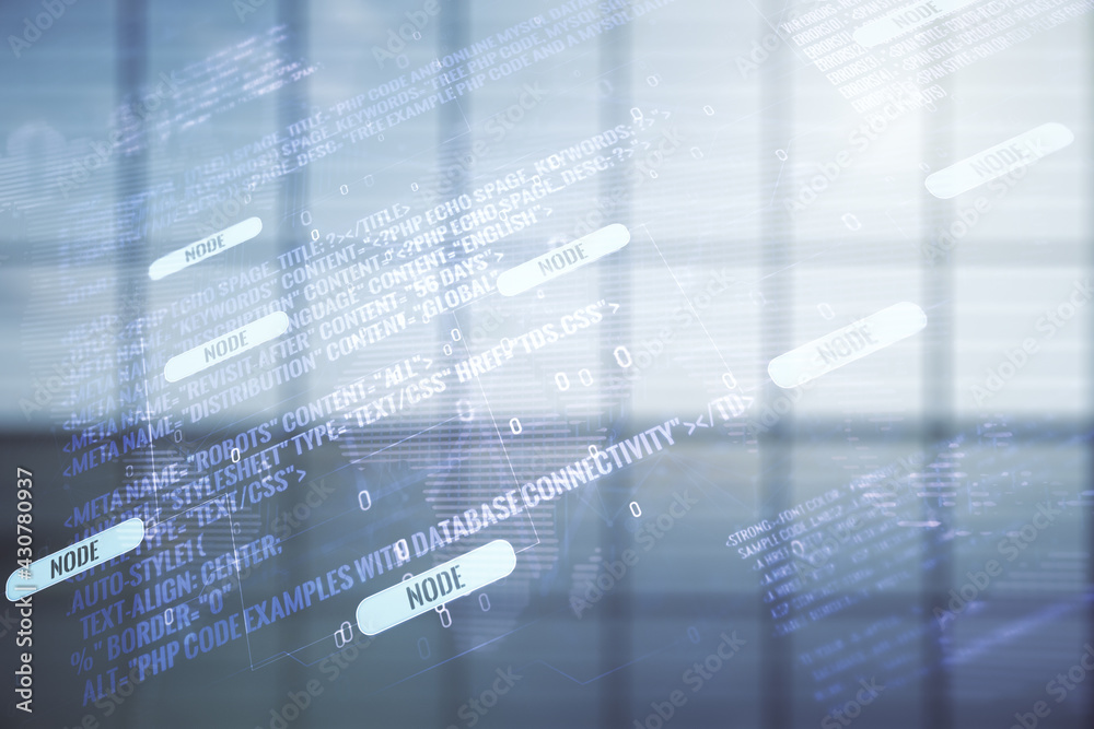 Fototapeta premium Abstract virtual coding concept and world map hologram on empty corporate office background. Multiexposure