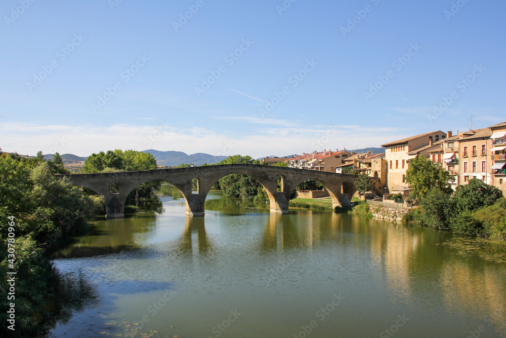 The main bridge over the river with trees from the Puente de la Reina, Navarra