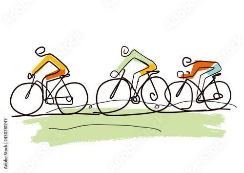 
Cycling trip, line art stylized cartoon.
Stylized drawing of three cyclists in a abstract landscape. Vector available.