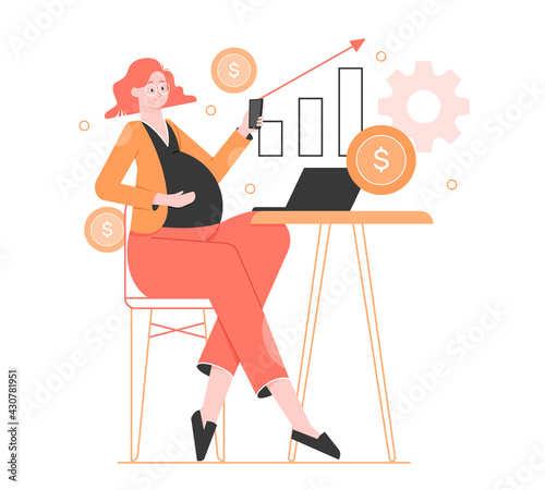Pregnant woman behind a laptop with smartphones in her hands. Making money on maternity leave, budget planning, income graph analysis. Financial independence of the expectant mother. Vector flat.
