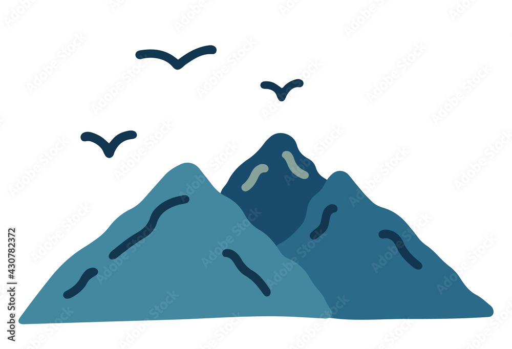 Blue mountains with peaks and birds. Vector hand drawn illustration of hills. Isolated element on a white background. Winter and summer Blue mountains with peaks and birds. Vector hand drawn illustration of hills. Isolated element on a white background. Winter and summer