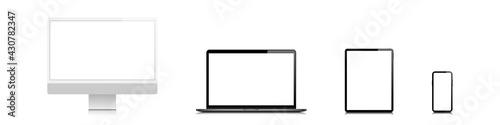 Device blank screen mockup. Realistic pc computer, laptop, tablet, mobile cellphone mock up. Vector isolated