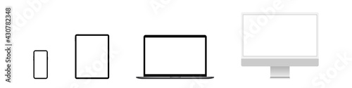 Device blank screen mockup. Realistic pc computer, laptop, tablet, mobile cellphone mock up. Vector isolated