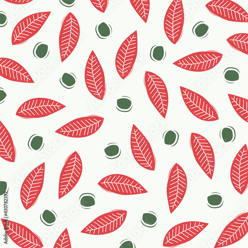 Vector linocut pattern with red and green floral elements. Vector lino print background with red plants.